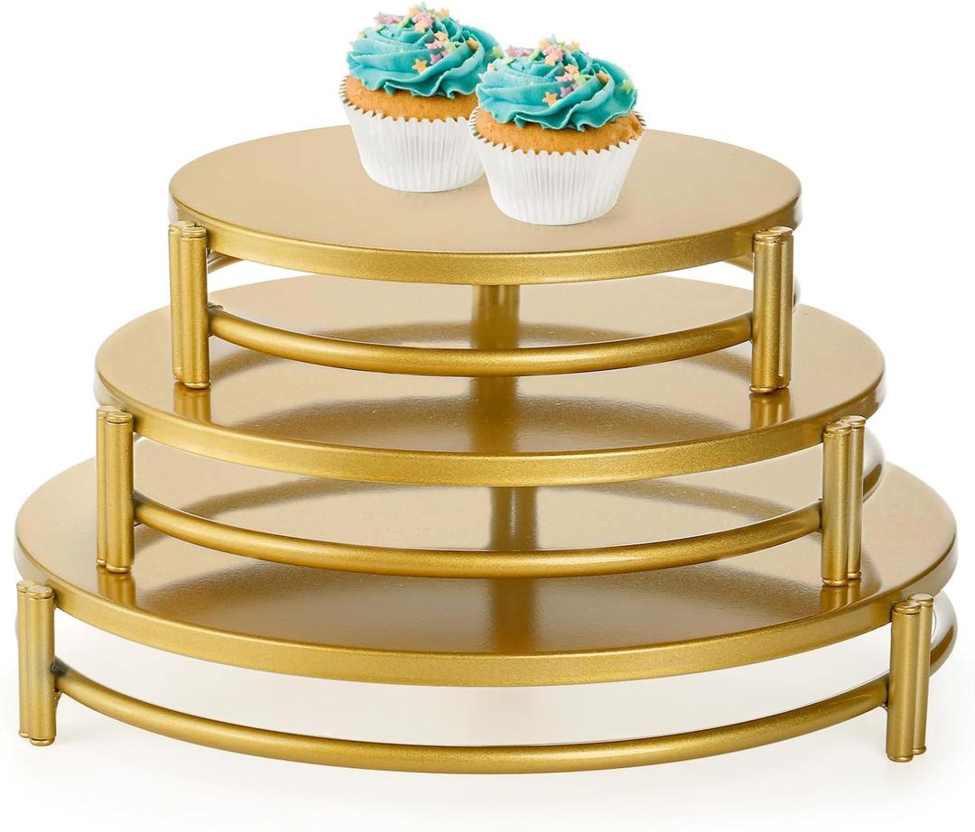 yarlung 3 Pack Gold Cake Stands, 8/10/12 Inch Metal Cupcake Display Stand Pillar Style Dessert Stand for Wedding, Party, Birthday, Celebration, 3 Sizes