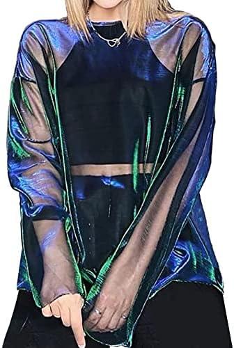 Women See-Thru Sparkly Cover Up Tops E-Girls Metallic Shiny Oversized Tee Shirts One Size