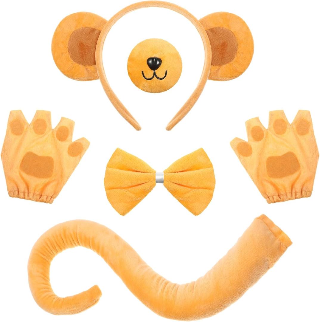 5 Pcs Monkey Costume Set for Adult Women Men, Ear Tail Headband Nose Glove Paw Bow Animal Halloween Accessories (Light Brown)
