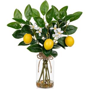 Oairse Faux Greenery Stems in Vase Aritificial Lemon Stems in Glass Vase with Faux Water Fake Lemons Branches Flower Arrangement Lemon Centerpieces for Home Kitchen Dinner Tables Decor