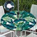 Round Outdoor Tablecloth with Umbrella Hole Zippered Fitted Tablecloth with Elastic Palm Leaves Table Cloth Cover for Picnic Party Patio Fits 40-44" Diameter Round Tables