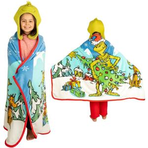Dr. Seuss The Grinch Costume Holiday and Christmas Kids Super Soft Hooded Throw with Detachable Hat, 50"(L) X 60" (W), (Official Licensed Product) by Franco