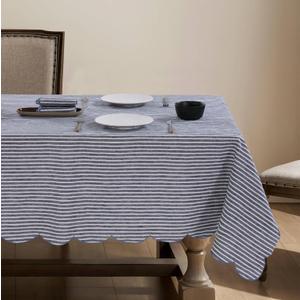 100% French Flax Linen Tablecloths Scalloped Embroidery Rectangle 84Lx60W Inch for Dinners, Parties, Spring, Machine Washable, 6-8 Sets, Blue Stripe(Edges-Blue)