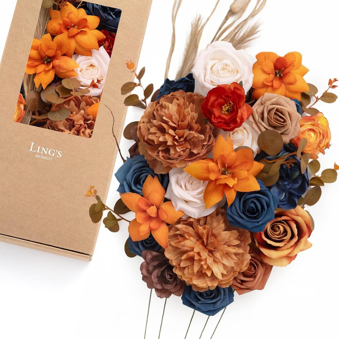 Ling's moment Fake Flowers Box, Faux Artificial Greenery Stems Foam Roses Gardenia Peony Silk Eucalyptus Pampas Fabic Flower for Centerpieces Bouquet Wedding Vase, Orange & Navy, Deluxe Combo