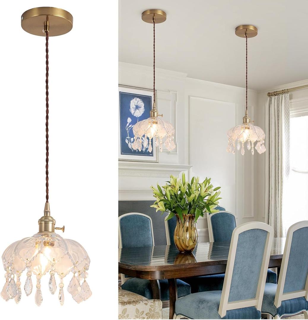 Glass Pendant Light, Vintage Pendant Light with Gold Cable 8 inch E26 Base, Glass Chandelier Light Fixtures for Kitchen Island, Living Room, Dining Room 1 Light (Bulbs Not Included) (Transparent-Leaves)