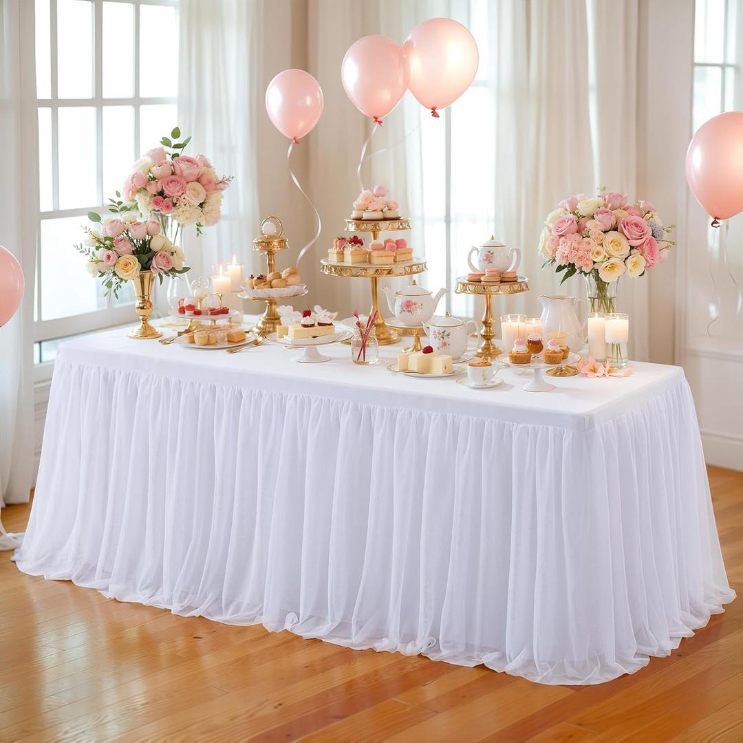 Wish Care White Tulle Tablecloth for 6 Foot Rectangle Tables Stretch Ruffle Table Cloths Tutu Desk Skirt 6ft Wrinkle Free Spandex Fitted Table Cover for Birthday Wedding Party Banquet Decorations