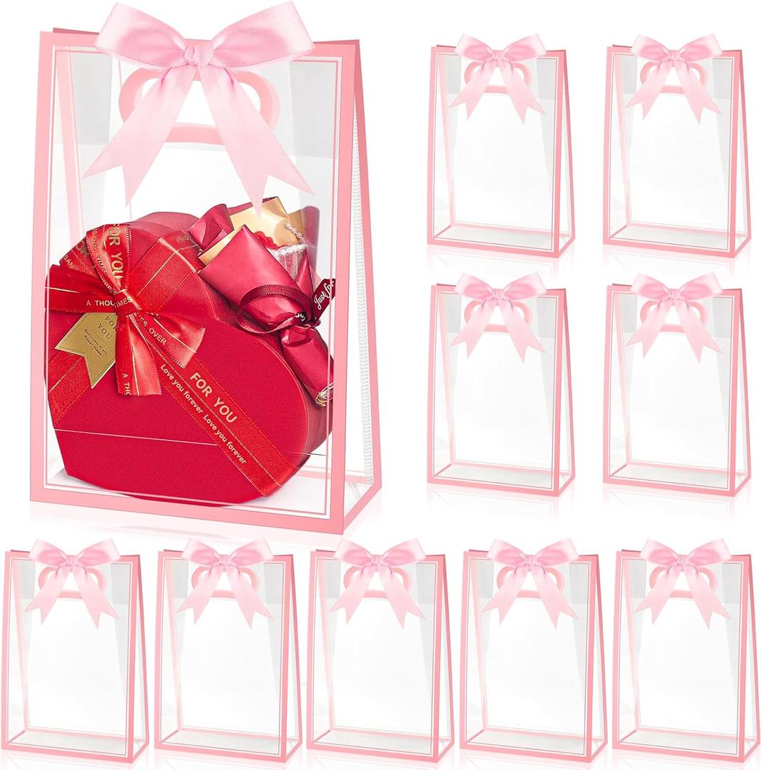 Ohuimrt 12 Pack Clear Plastic Gift Bags with Handles, Reusable Party Favor Bags with Ribbon for Birthday, Wedding, Bachelorette Party, 10.2 x 7.1 x 3.1 Inch (Pink)