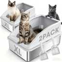 2 Pack Stainless Steel Litter Box | XL Enclosed Cat Litter Boxes with Lid for Big Cats and Multi-Cats | High Sided, Anti-Urine Leakage | Non-Stick BottomIvory White