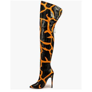 Thigh High Boots For Women Striped Back Zipper Burgundy Zebra Print Over The Knee Sexy Gold White Pointed Toe Cow Print Leopard Magenta Stiletto Heel, Size 40