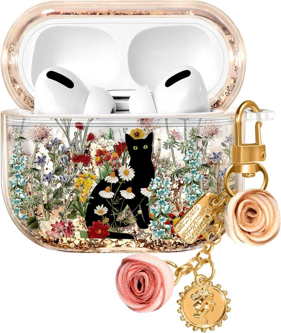 Coralogo for Apple for Airpods Pro 1/2 Case - Women Girls Cute Girly Kawaii for Airpods Pro 2nd Generation Case Cover Glitter Liquid Sparkle Cat Flower Hard Shell Keychain Funda Estuche Forro