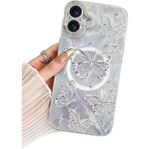 BITOBE Designed for iPhone 16 Case Silver Butterfly Design, Slim Shiny Glitter Shockproof Bumper Compatible with Magsafe Charging with Camera Protection for Women Girls Men 6.1"-Silver