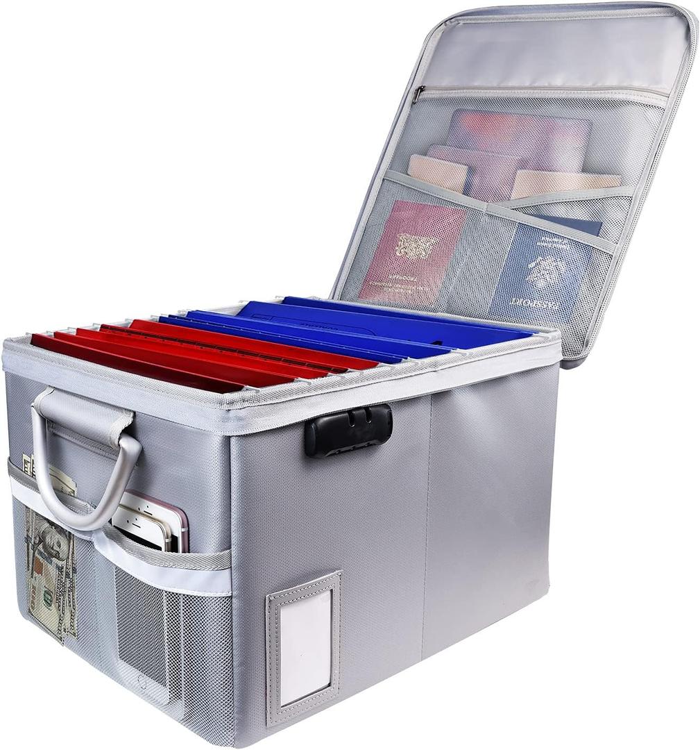 TOMKID Fireproof File Cabinet with Lock, Fireproof Document Organizer Collapsible File Box Filing Cabinet with Handle for Letter Legal Folder Certifications (Silver)