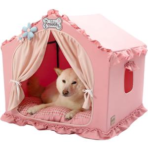 Jiupety Indoor Dog House with Frame, Cute Dog Tent Bed with Cover Cave, Breathable, Washable, and Foldable House, Suitable for 20-40 Lb, Large (25"25"25"), Pink