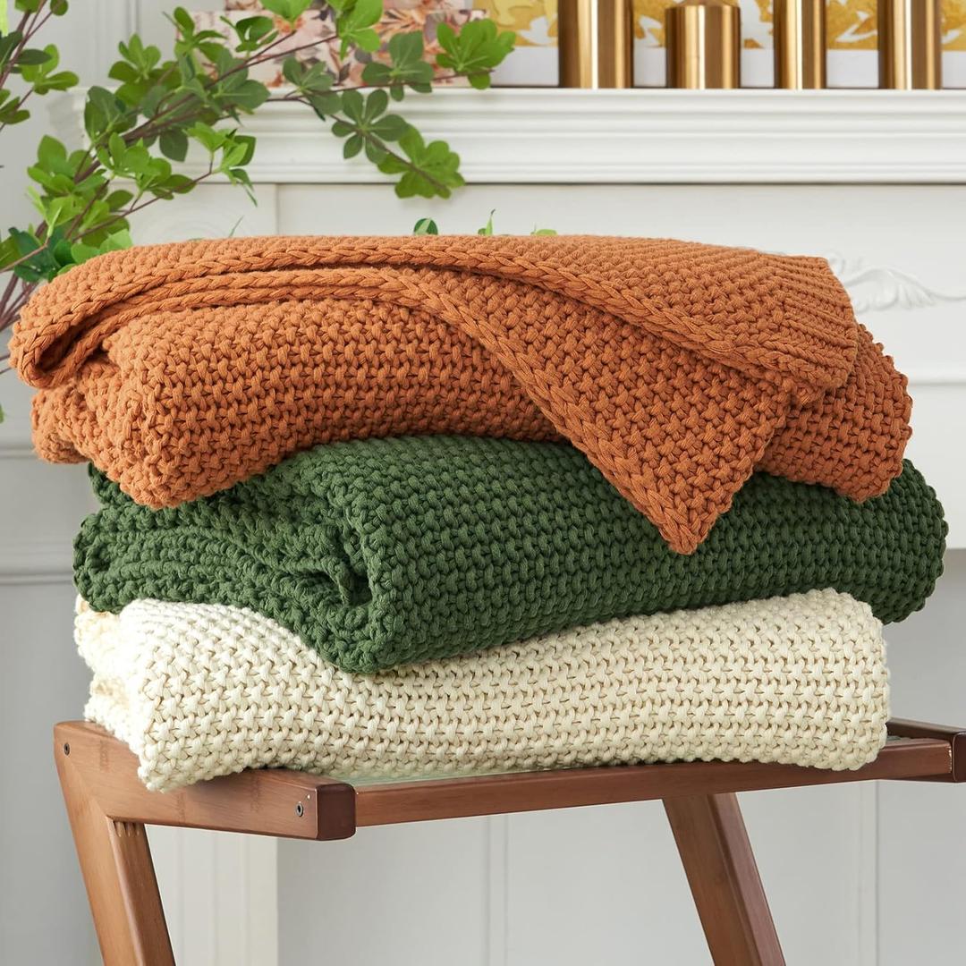 Longhui bedding Chunky Cable Knit Throw Blanket Lightweight Olive Green 100% Organic Cotton Blanket for Sofa Couch Bed Baby Nursery, Rustic Shabby Chic Modern Farmhouse, 51 x 63 Give Laundering Bag