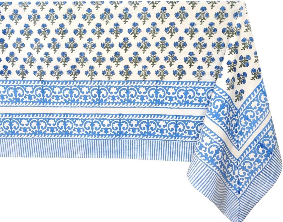 ATOSII Gulbahar Blue 100% Cotton Spring Square Tablecloth, Handblock Print Floral Table Cloth Linen for Kitchen Dining I Weddings, Parties, Outdoors, Easter Home Decor 60 X 60 Inches I 4 Seater