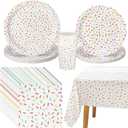 Newtay 97 Pcs Confetti Sprinkles Tableware Set Include Plastic Tablecloth 24 Paper Napkins 24 Large Plates 24 Small Plates 24 Paper Cups for Sprinkle Party Decorations Wedding Birthday Supplies