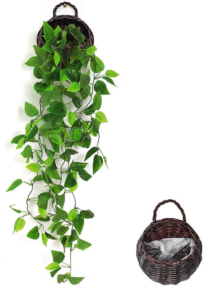 ANZOME Artificial Hanging Plants with Basket, 3.5ft Faux Ivy Vine for Wall Decor, Real-Touch Fake Greenery for Bedroom Aesthetic, Farmhouse Woven Wood Pot & Hooks Included (Indoor/Outdoor Ready) (Dark Brown+chain Ivy)
