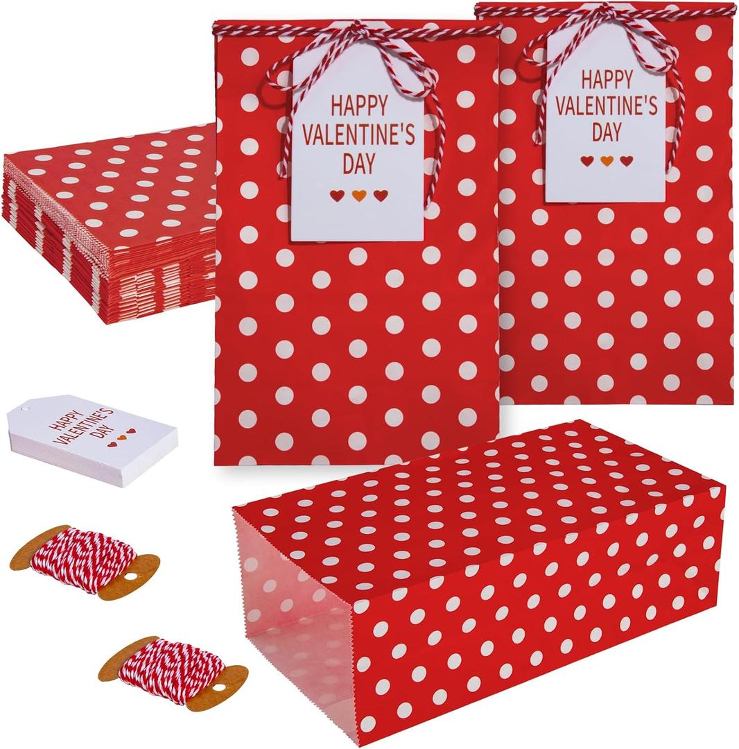 AISunGoo 30 Pcs Valentines Day Gift Bags with Cards for Kids Classroom Parties, Paper Treat Bags for Valentines Party Favors (Red-Circle)