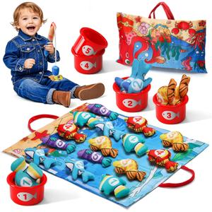 OLIBUY Montessori Toys for 1 Year Old Toddler - 22 Pcs Cloth Fishing Game for Toddlers 1-3 with Stacking Cup, Number Counting, Color and Shape Sorter Learning for Toddler Boy Girl