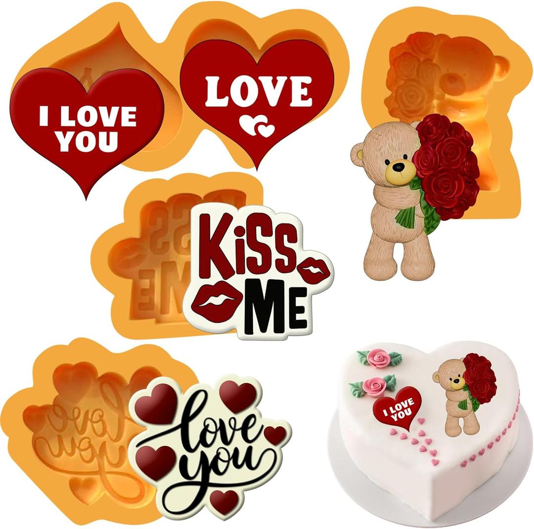 Valentines Day Silicone Molds 4- Piece Set with Bear, Hearts & Love Phrases | Silicone Valentines Molds for Chocolate, Candy, Fondant, Resin, Perfect Size For Chocolate Covered tSrawberries
