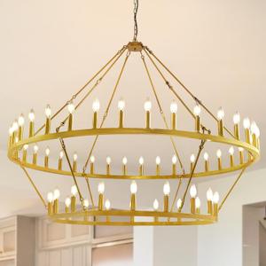 54-Lights 2 Tier Wagon Wheel Chandelier, 60" Large Chandeliers for High Ceilings, Round Gold Chandeliers for Dining Room, Farmhouse Foyer Lighting Fixtures, for Living Room, Staircase, Entryway