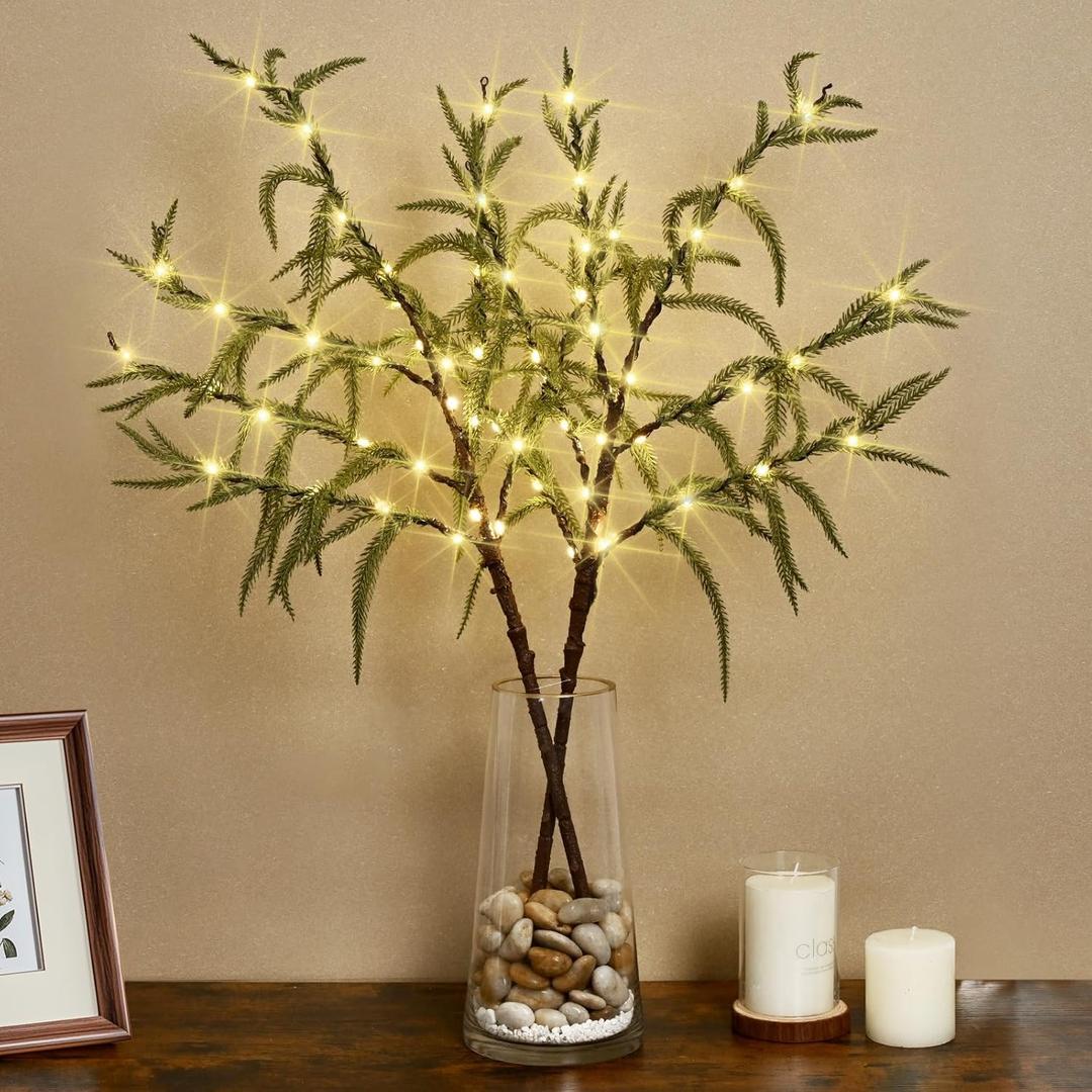 Waipfaru 2Pcs 32IN Lighted Branches for Vases, Norfolk Pine Branches Lighted Branches with Timer 60 LED, Artificial Prelit Branches for Home Indoor Party Christmas Decoration (2ft 8in)