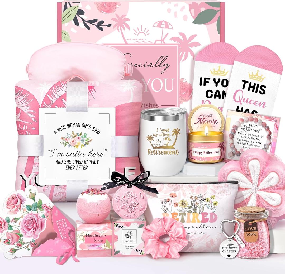 Retirement Gifts for Women 2025 - 16 pcs Relaxing Spa Gift Basket Set, Best Happy Retirement Gifts for Teacher Nurses Boss Friends Mom Mother Grandma Coworker, Funny Retired Gift for Woman (Pink)