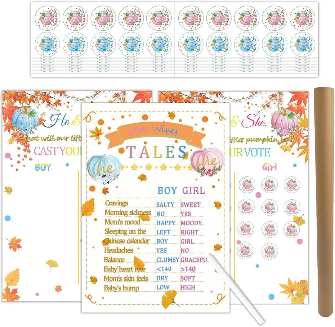 Fall Pumpkin Gender Reveal Game with 100 Voting Stickers Floral Gold He or She Gender Reveal Poster Game Cast Your Vote What Will Our Be Boy or Girl Sex Announcement Baby Shower Party Supplies