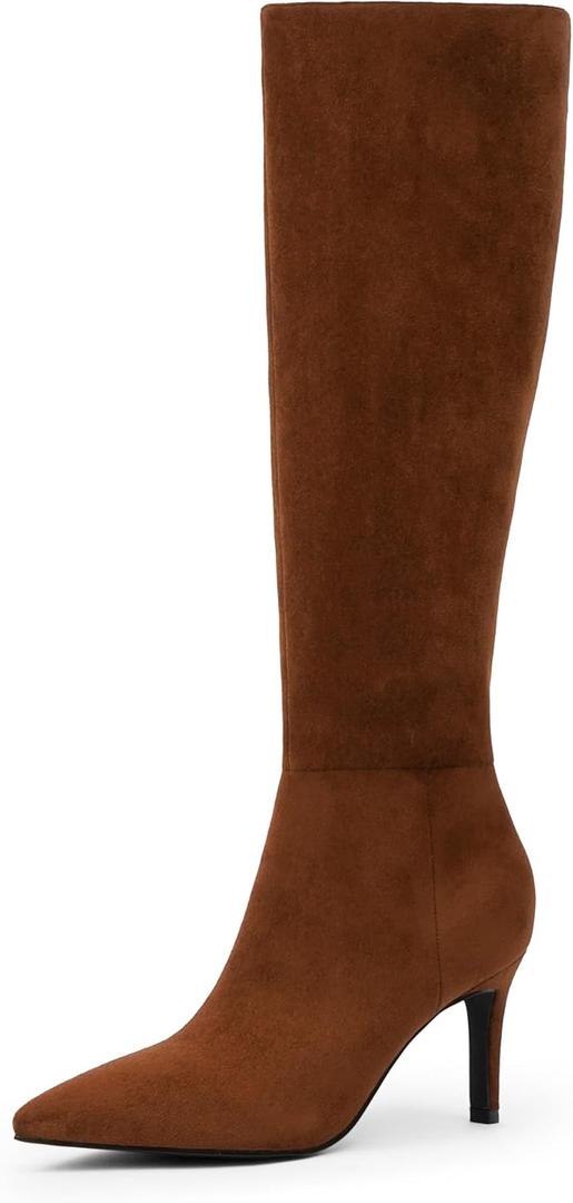 Knee High Boots Women Pointed Toe Tall Boots 3 In Stiletto High Heel Long Boots Side Zipper Dress Knee High Boots (Size 6, Brown Suede)
