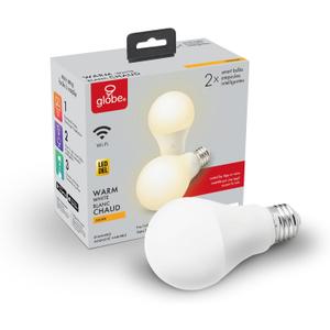 GLOBE Electric Collection Wi-Fi Smart 10 Watt (60W Equivalent) Dimmable Frosted LED Light Bulb 2-Pack, No Hub Required, Voice Activated, 3000K, A19 Shape, E26 Base 34209, Warm White, 2 Count