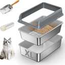 Stainless Steel Sifting Litter Box with Lid,Extra Large Metal Sifting Cat Litter Box for Pine Pellets,High Sides Sifter Litter Pan System for Kittens,Odor Control,Sifting Box Liners and Scoop