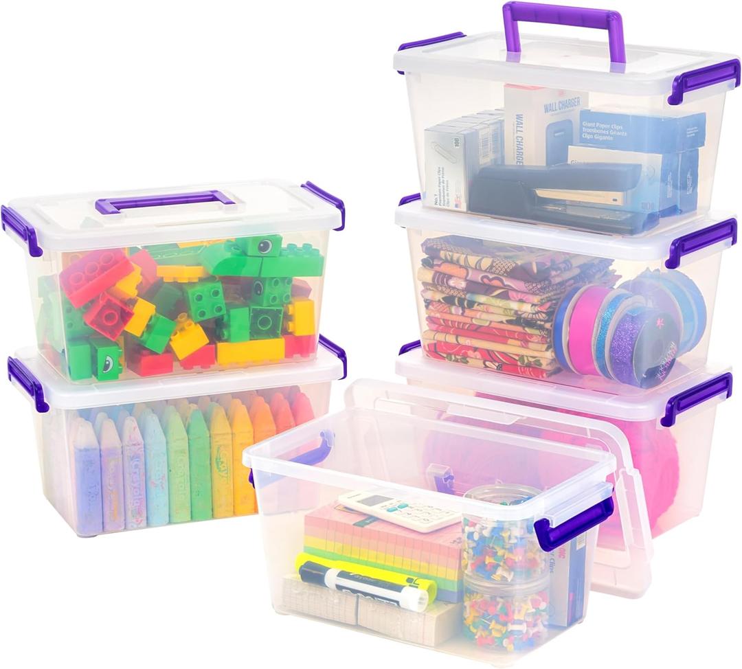 IRIS USA 5 Qt. Plastic Craft Storage Container Bins with Lids, 6 Pack, Small Art & Office Supply Organizer Tote, Sensory Bins & Boxes for Home & University, Stackable, Carry Handle, Clear