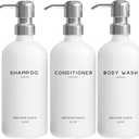 White Shampoo and Conditioner Dispenser Set by Brighter Barns - Shower Dispenser for Bathroom - Refillable Plastic Shampoo Bottle & Stainless Steel Pump - Shampoo Dispenser for Vacation Rental (White) (Silver)