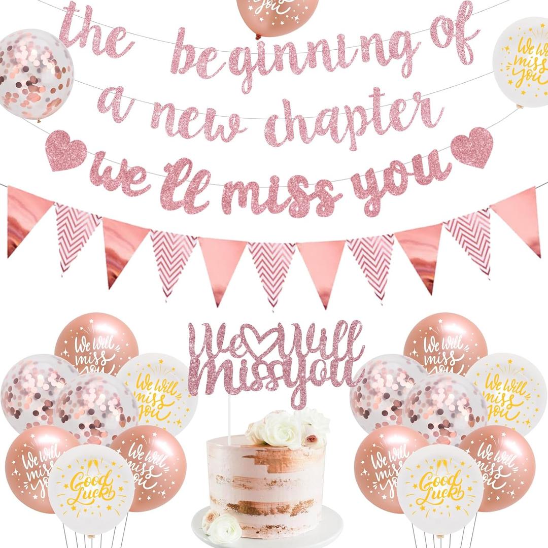 Farewell Party Decorations The Beginning of A New Chapter Going Away We Will Miss You Theme Balloons Banner, Rose Gold Retirement Graduation Party Supplies for Women Girls