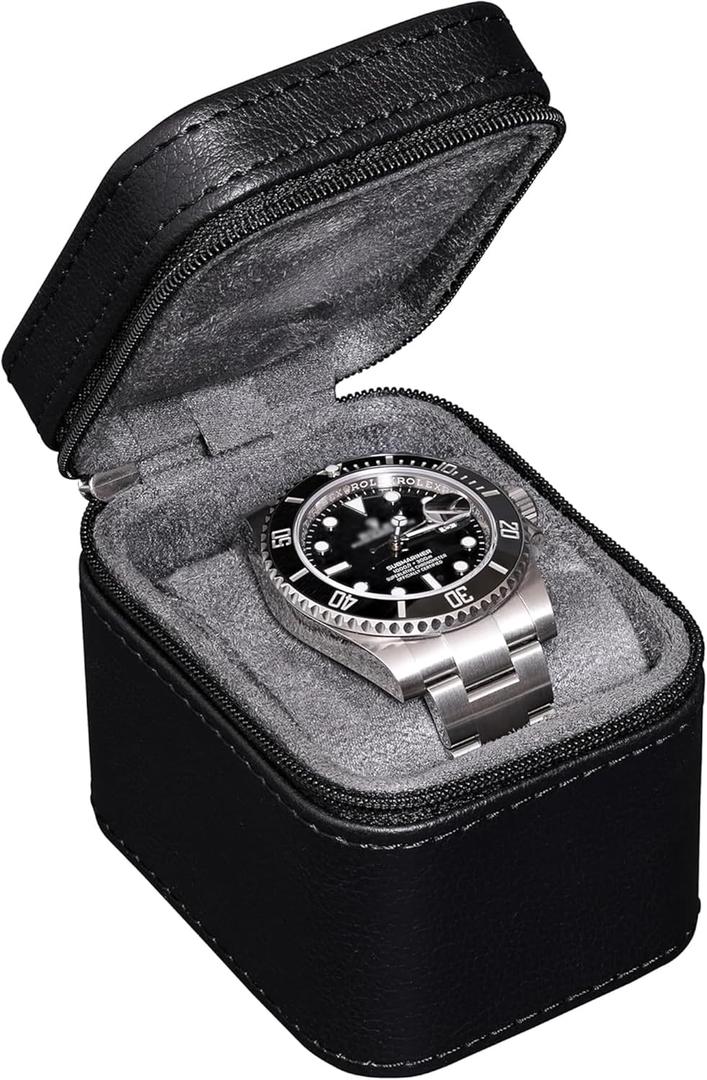 ROTHWELL Single Watch Travel Case | Compact PU Leather Protective Box with Microsuede Interior | Fits Watches & Smartwatches Up to 55mm (Black/Grey)