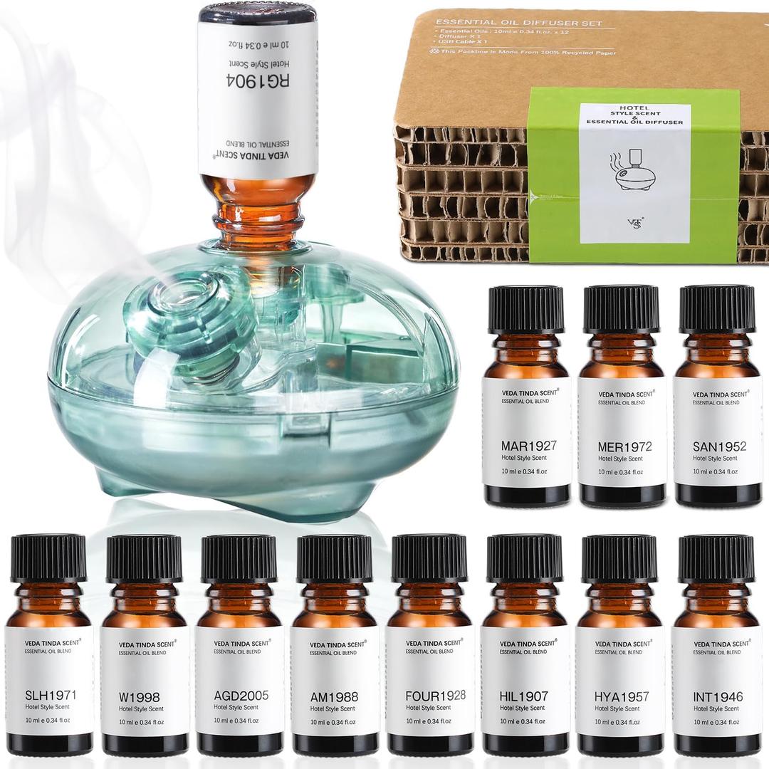 VEDA TINDA SCENT Waterless Diffuser with 12 Pack Hotel Fragrance Oils, Battery Operated Nebulising Diffuser for Home, Luxury Essential Oil Blend Inspired by 5Star Hotels, Aromatherapy Gift Set