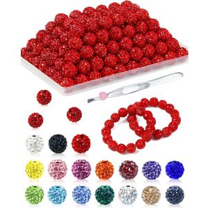 120PCS FIVEIZERO Rhinestone Beads for Jewelry Making, 10mm Red Shiny Round Sparkle Crystal Clay Bead Bulk Sparkly Baseball Necklace Beads for Bracelets and DIY Crafts