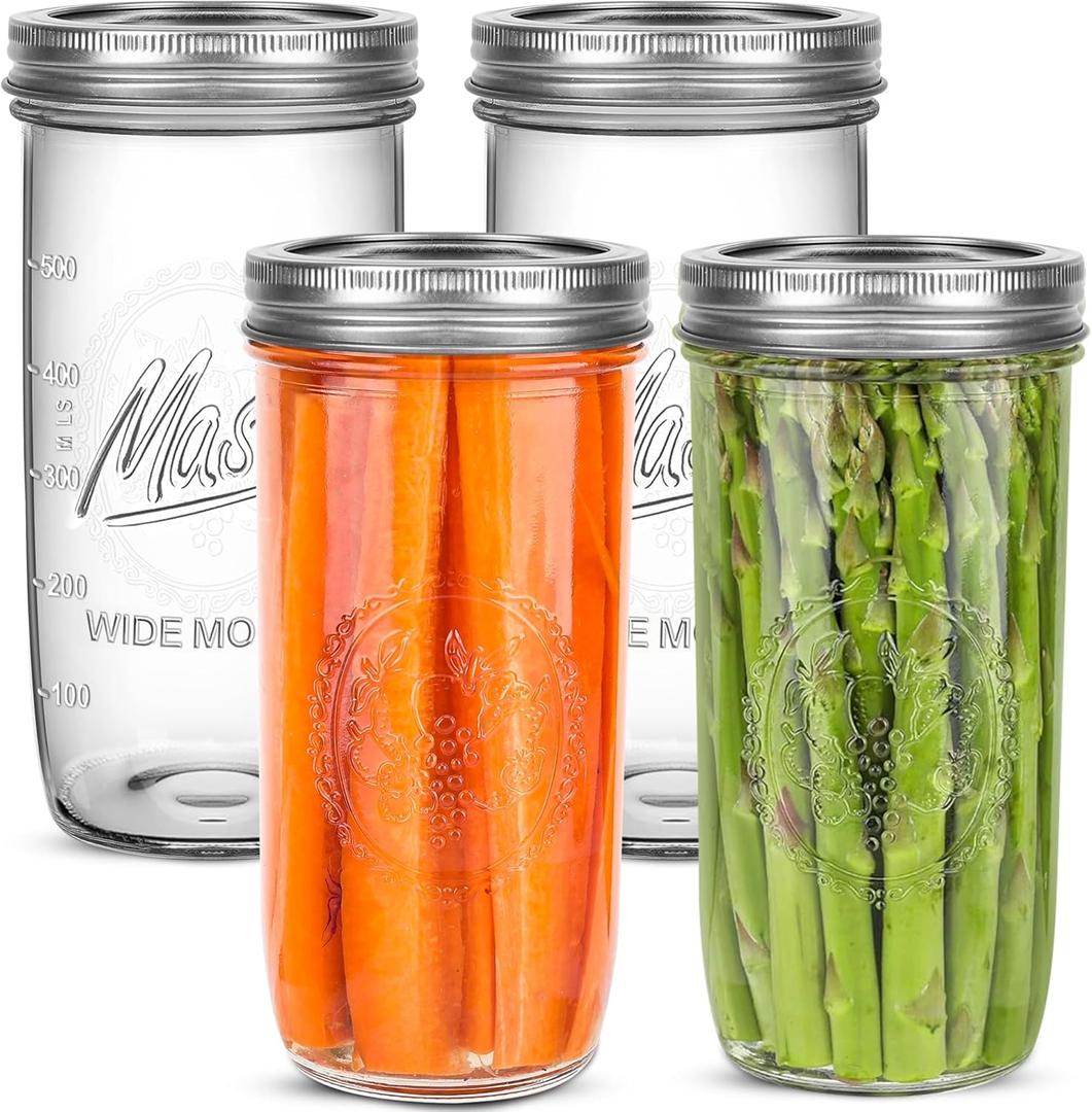 24oz Wide Mouth Mason Jars  4 Pack Reusable Glass Mason Jars with Airtight Lids for Canning, Pickling, Food Storage, Jam, Jelly, DIY Crafts  Dishwasher Safe