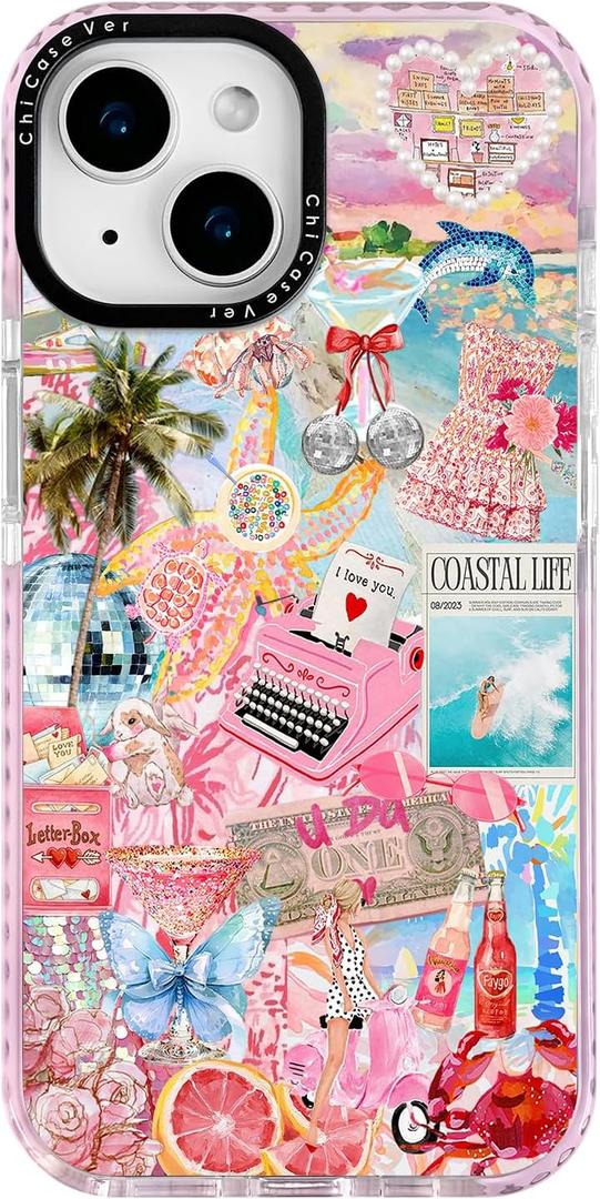 for iPhone 13 Case, Coastal Life Pattern with Tropical Collage, Military-Grade Drop Protection, Pink Paradise Soft Slim TPU Protective Cover with Camera Protection for Women & Girls