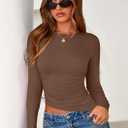 PRETTYGARDEN Womens Long Sleeve Shirts 2026 Fall Trendy Crewneck Slim Fit Asymmetrical Going Out Tops Ruched Tee Y2k Clothes (Brown, XL)