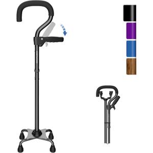 KingPavonini Canes for Women/Men with Second Handle, Foldable & Adjustable Walking Cane with 4-Pronged Base, Quad Cane for Stability, Standing, Balance, Leg Surgery Recovery (black)