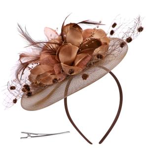 Women Feather Fascinator Flower Lace Hat Elegant Mesh Headpiece Headband for Tea Party Wedding Cocktail Church Bride Hairpin, Coffee (1 Count (Pack of 1)