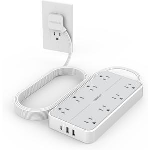 TESSAN Power Strip Surge Protector, 10FT Flat Plug Extension Cord with 8 Outlets 3 USB Charger(1 USB C), 1080 Joules Protection, Wall Mountable Charging Station for Home Office Dorm, Gray