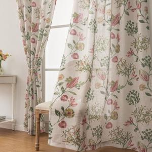 Red Floral Semi Sheer Curtains Linen Textured for Living Room Patterned Green Jacobean 96 inches Long 2 Panels Rod Pocket Light Filtering Window Drapes for Dining Bedroom