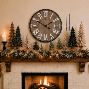 Large 24" Farmhouse Wall Clock, Rustic Wood Round Timepiece with Raised Roman Numerals, Black Metal Frame, Silent Quartz, Durable & Easy-to-Clean, Living Room & Entryway Decor (Weathered Brown)