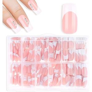 COBEE Press on Nails Square Long, 360 Pcs Coffin Fake Nails French Tip Nude Color False Nail Glossy Full Cover Glue on Nails Ballerina Nail Art Manicure Decorations for Women Girls(Rectangle)