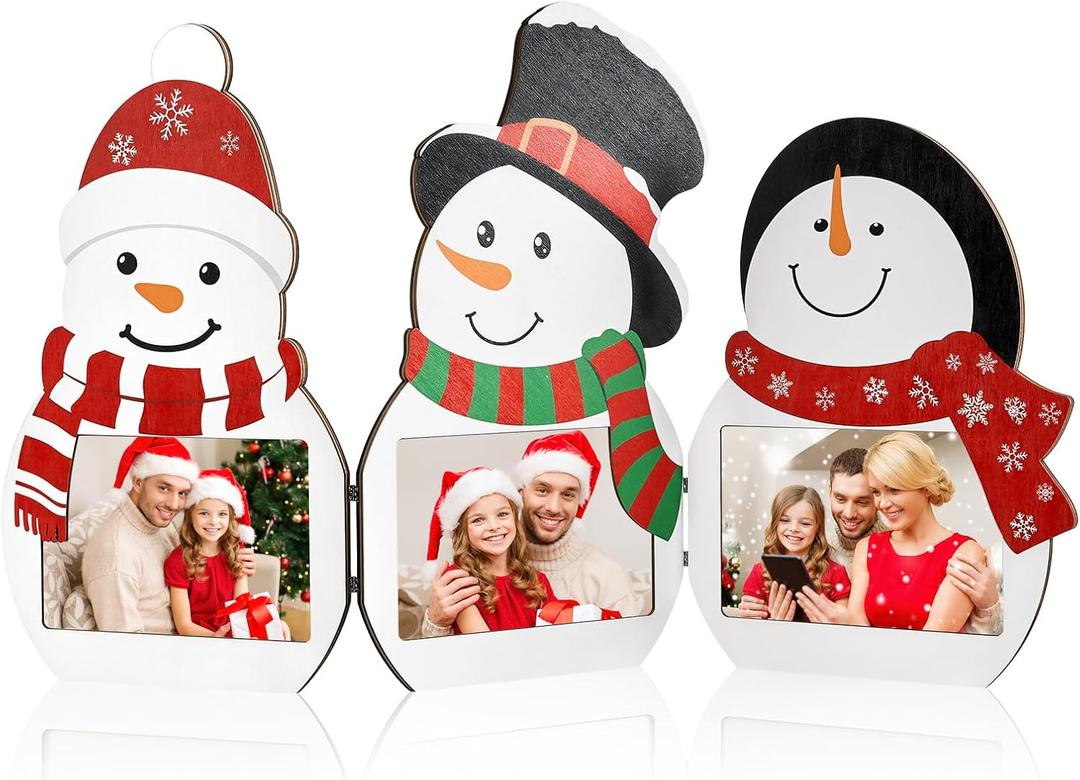 APUDWN 2025 Christmas Picture Frame, 4 x 6 Snowman Wooden Picture Frame, 3 Hinge Decorative Xmas Holiday Gift for Winter Home Table Tabletop Display Home Indoor Fireplace Party