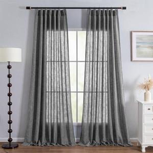 MYSKY HOME Living Room Curtains 96 Inches Long Semi Sheer Light Filtering Privacy Drapes Linen Look Textured Boho Decorative, Pinch Pleated Curtain for Parties, Kids Room 40" x 96", Dark Grey, 2 PCs