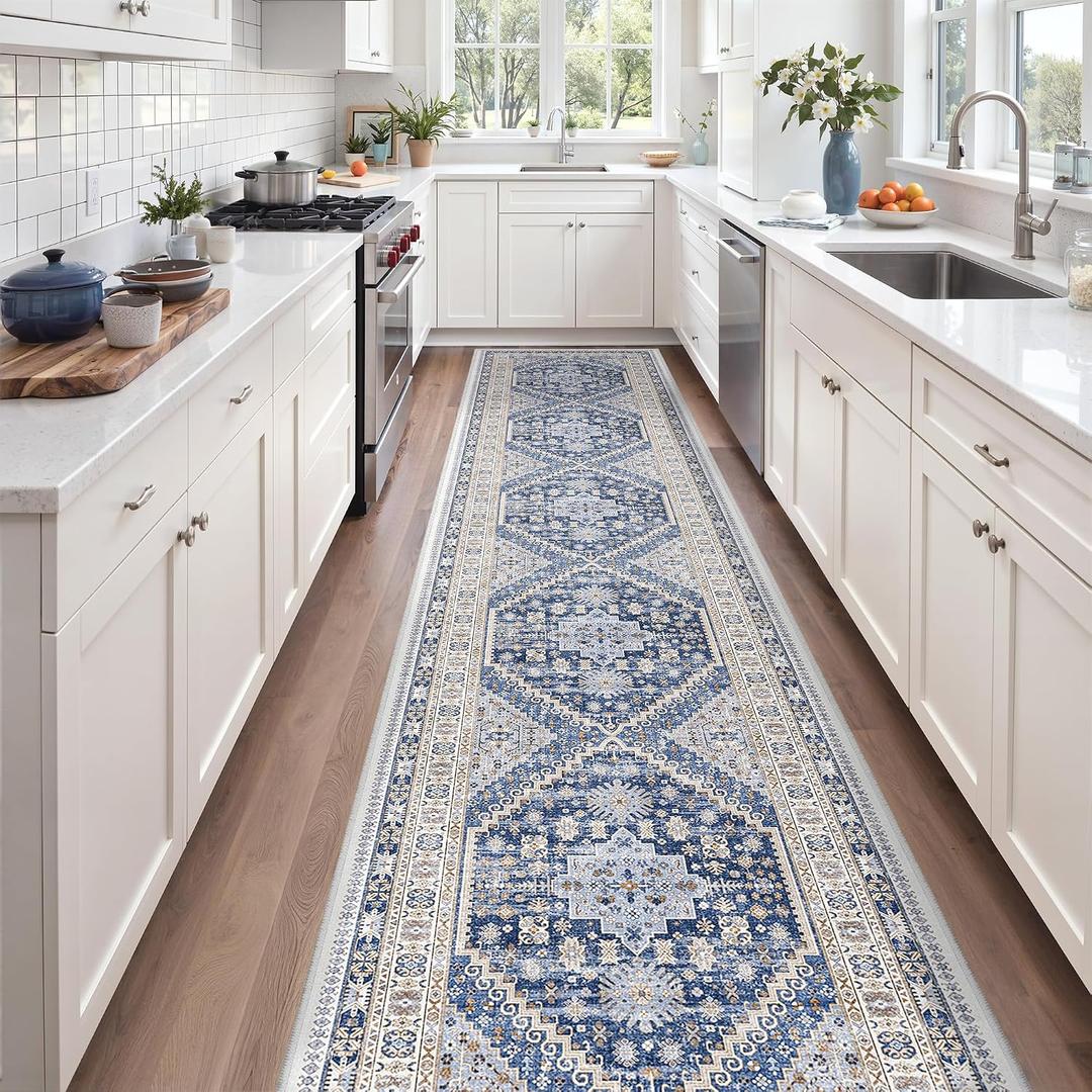 zesthome 3x14 Runner Rug Non Slip,Washable Hallway Runner Rug,Blue