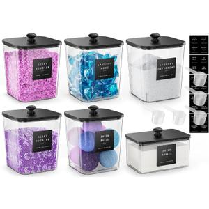 Moforoco 5+1Pack Laundry Pods Container, Clear Laundry Room Organization Containers,Large Detergent Powder Storage, Black Wooden Lids & Labels, Acrylic Pods Holder